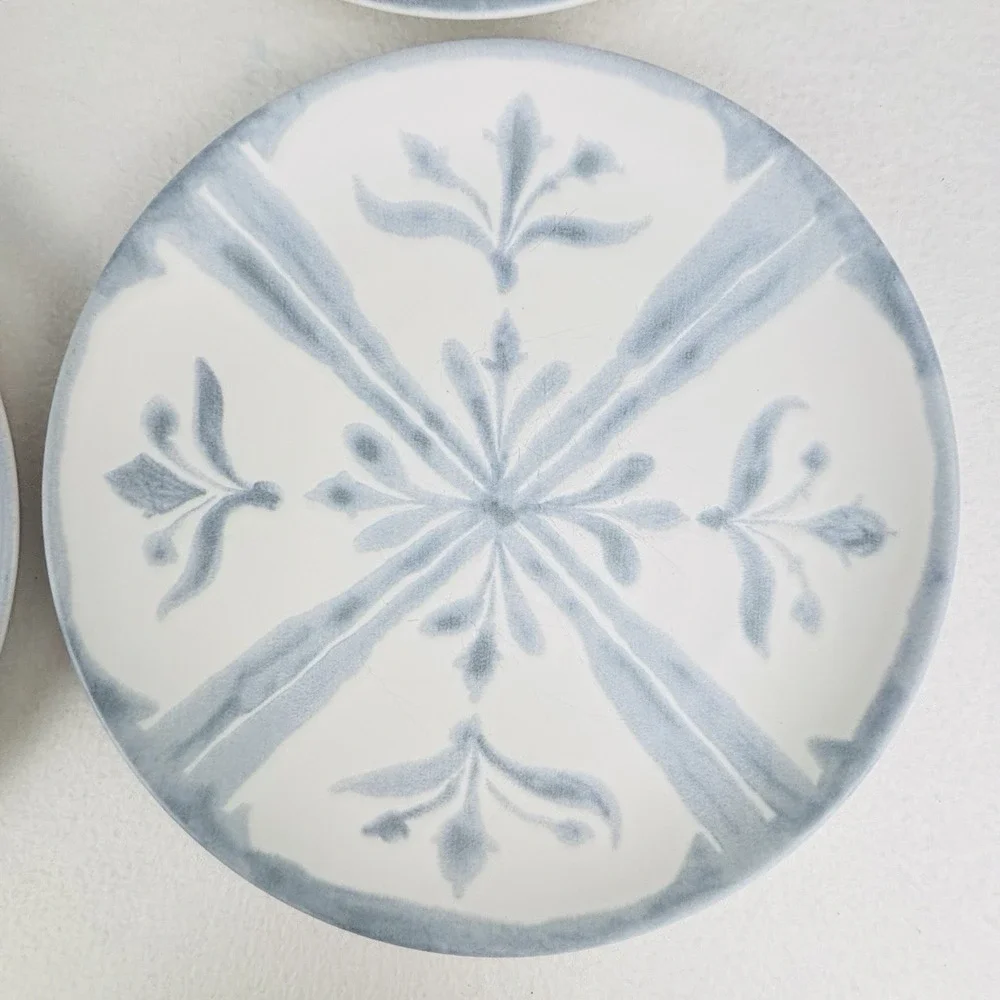 Pottery Barn Chambray Tile Stoneware Salad Plates White Blue Portugal 9